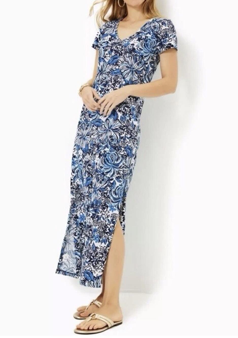 LILLY PULITZER Etta Maxi Dress In Pack Low Tide Navy Pandarama Large Floral